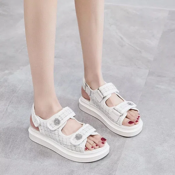 Women's White Double Strap Velcro Flat Sandals