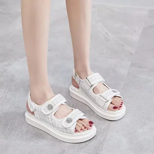 Women's White Double Strap Velcro Flat Sandals