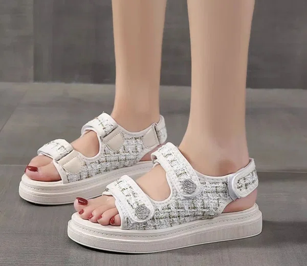 Women's Tweed Velcro Strap Platform Sandals - Black and White
