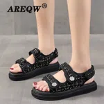 Women's Tweed Velcro Strap Platform Sandals - Black and White image 2