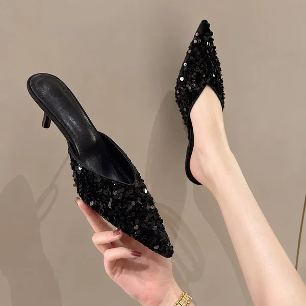 Women's Pearl Sequin Pointed Toe Stiletto Sandals