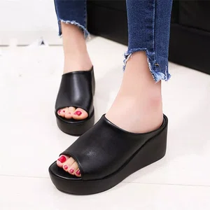 Women's Thick Sole Wedge Slide Sandals - Black, Coffee and Cream