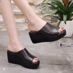 Women's Thick Sole Wedge Slide Sandals - Black, Coffee and Cream image 4