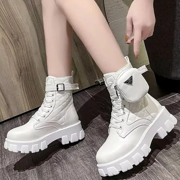 Women's White Chunky Heel Lace-Up Martin Boots