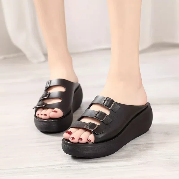 Women's Thick Sole Wedge Slide Sandals - Black