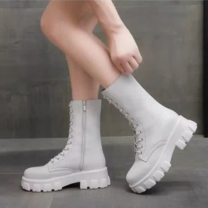 Women's Lace-Up Zip Mid-Calf Platform Boots - White