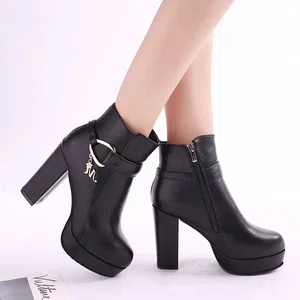 Women's PU Leather High Heel Boots - Black