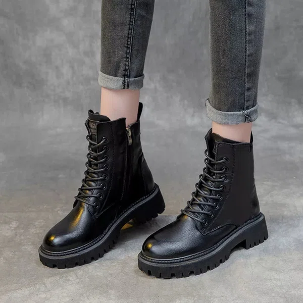Women's Lace-Up Zip Mid-Calf Platform Boots - Black