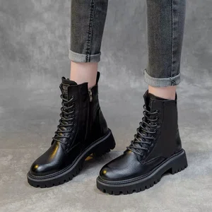 Women's Lace-Up Zip Mid-Calf Platform Boots - Black