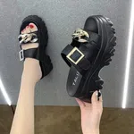 Women's Plaid Leather Chain Detail High Heel Slides - Black image 1