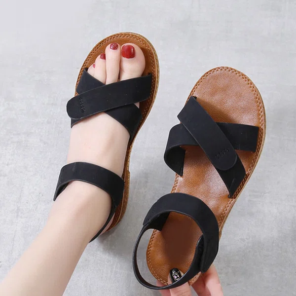 Women's Elastic Cross Strap Flat Sandals - Black