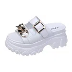 Women's Plaid Leather Chain Detail High Heel Slides - White image 2