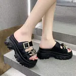 Women's Plaid Leather Chain Detail High Heel Slides - Black image 2