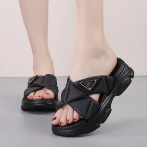 Women's Korean Style Cross Strap Thick Sole Slipper Sandals - Black and White
