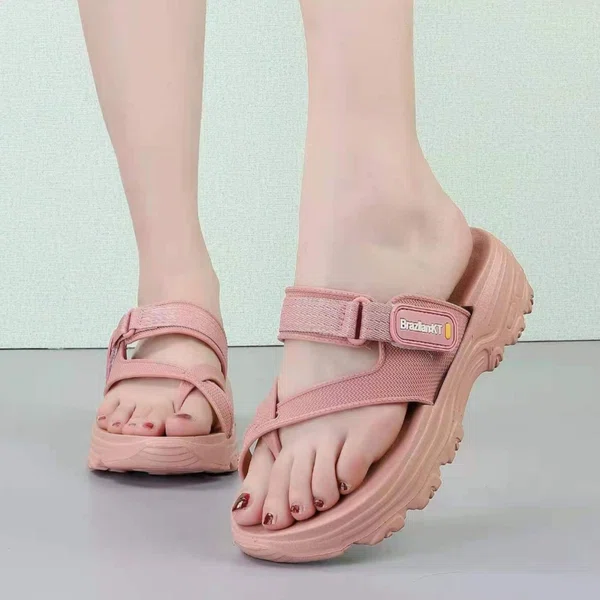 Women's Korean Style Toe Loop Velcro Slippers - Pink