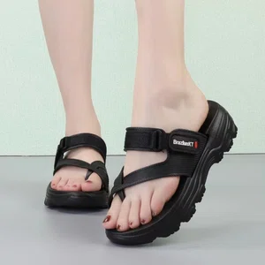 Women's Korean Style Toe Loop Velcro Slippers - Black