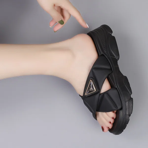 Women's Korean Style Cross Strap Thick Sole Slipper Sandals - Black