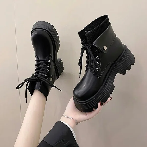 Women's Lace-Up Round Toe Ankle Boots - Beige and Black