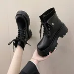 Women's Lace-Up Round Toe Ankle Boots - Beige and Black image 1
