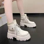 Women's Lace-Up Round Toe Ankle Boots - Beige and Black image 2