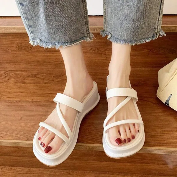 Women's White Toe Loop Platform Wedge Slides