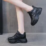 Women's Genuine Leather Wedge Chunky Sneakers - Black image 4