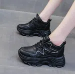 Women's Genuine Leather Wedge Chunky Sneakers - Black image 5