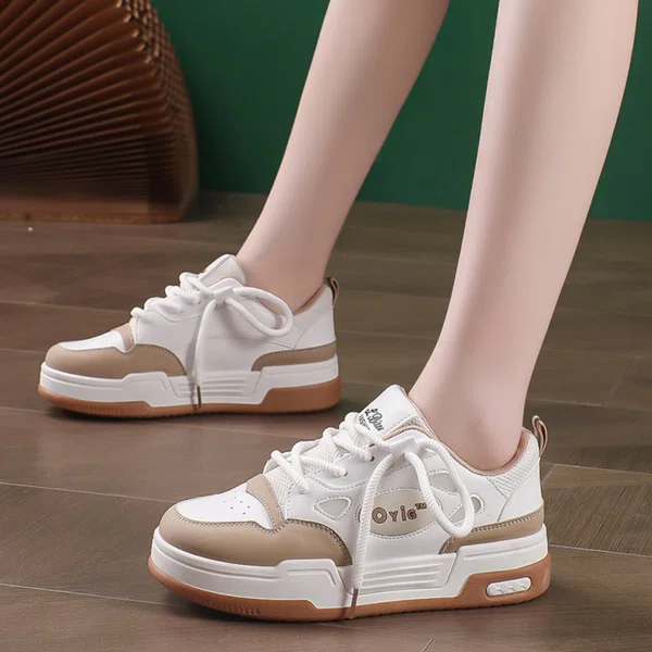 Women's Chunky Leather Sneakers with Colour Block - White and Khaki