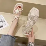 Women's Korean Style Toe Strap Flat Sandals - Beige image 2