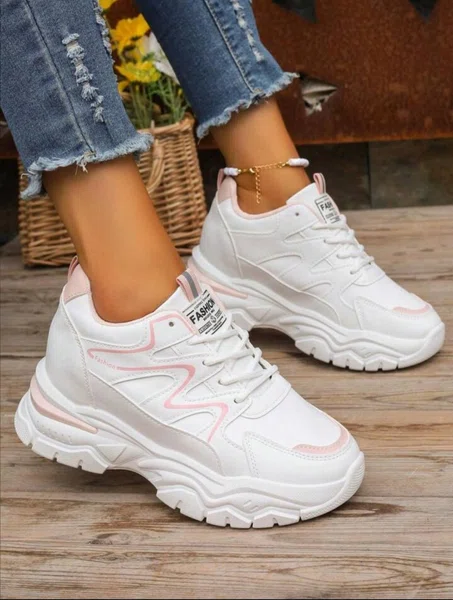 Women's Korean Style Chunky Heel Sneakers with Pink Trim - White