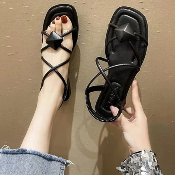 Women's Korean Style Toe Strap Flat Sandals - Black