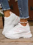 Women's Korean Style Chunky Heel Sneakers with Pink Trim - White image 3