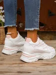 Women's Korean Style Chunky Heel Sneakers with Pink Trim - White image 5