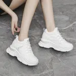 Women's Korean Style Chunky Heel Sneakers with Mesh Panels - All White image 3
