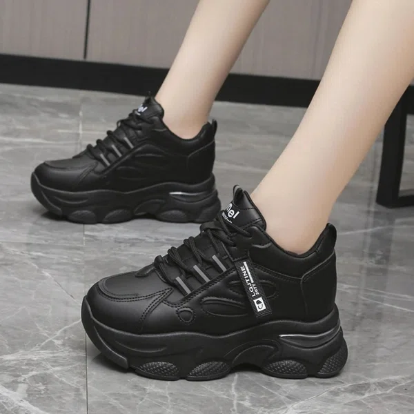 Women's Korean Style Chunky Heel Sneakers - All Black