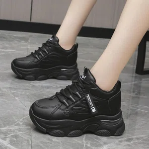 Women's Korean Style Chunky Heel Sneakers - All Black
