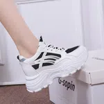 Women's Korean Style Chunky Heel Sneakers with Black Stripes - White image 5