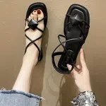 Women's Korean Style Toe Strap Flat Sandals - Beige and Black image 1