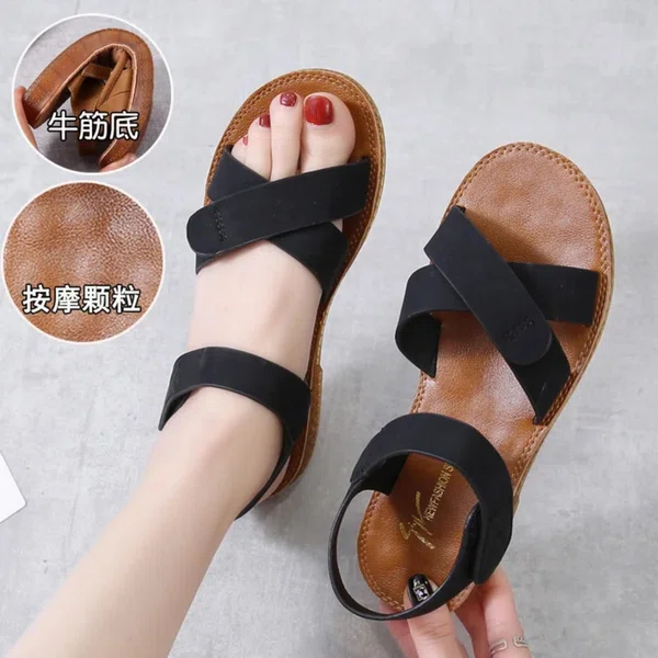 Women's Cross Strap Flat Sandals with Ankle Strap - Black