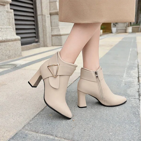 Women's Korean Style Pointed Toe Heeled Ankle Boots - Cream