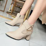 Women's Korean Style Pointed Toe Heeled Ankle Boots - Cream image 2