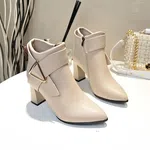 Women's Korean Style Pointed Toe Heeled Ankle Boots - Cream image 4