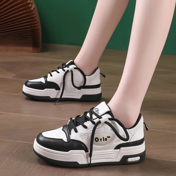 Women's Chunky Leather Sneakers with Colour Block - Black and White