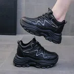 Women's Genuine Leather Wedge Chunky Sneakers - Black image 2