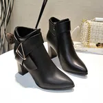 Women's Korean Style Pointed Toe Heeled Ankle Boots - Black image 3