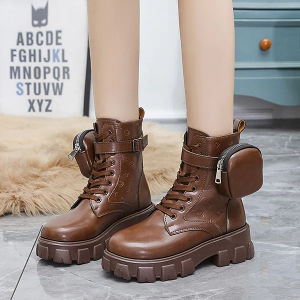 Women's Lace-Up Platform Ankle Boots - Brown