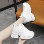 Women's Korean Style Chunky Heel Sneakers with Mesh Panels - All White image 2