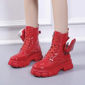 Women's Lace-Up Platform Ankle Boots - Red