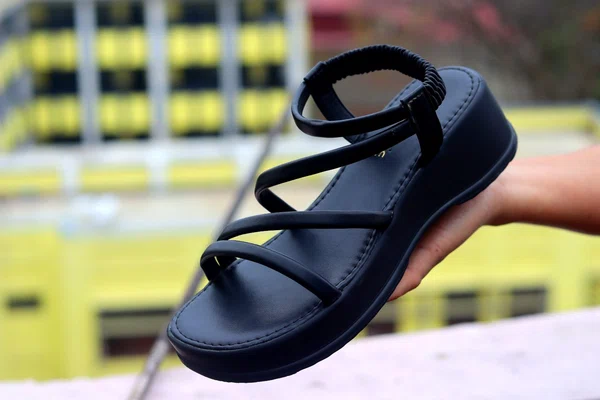 Women's Cross Strap Platform Wedge Gladiator Sandals - Black and Cream - Available at AfnoBazar Nepal