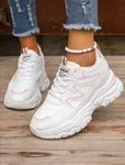 Women's Korean Style Chunky Heel Sneakers with Pink Trim - White image 2